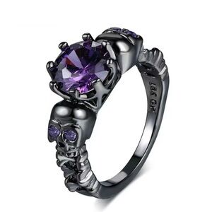18K Black Rhodium Gun Metal Skull & Crossbones Bones Ring With Center Set Topaz